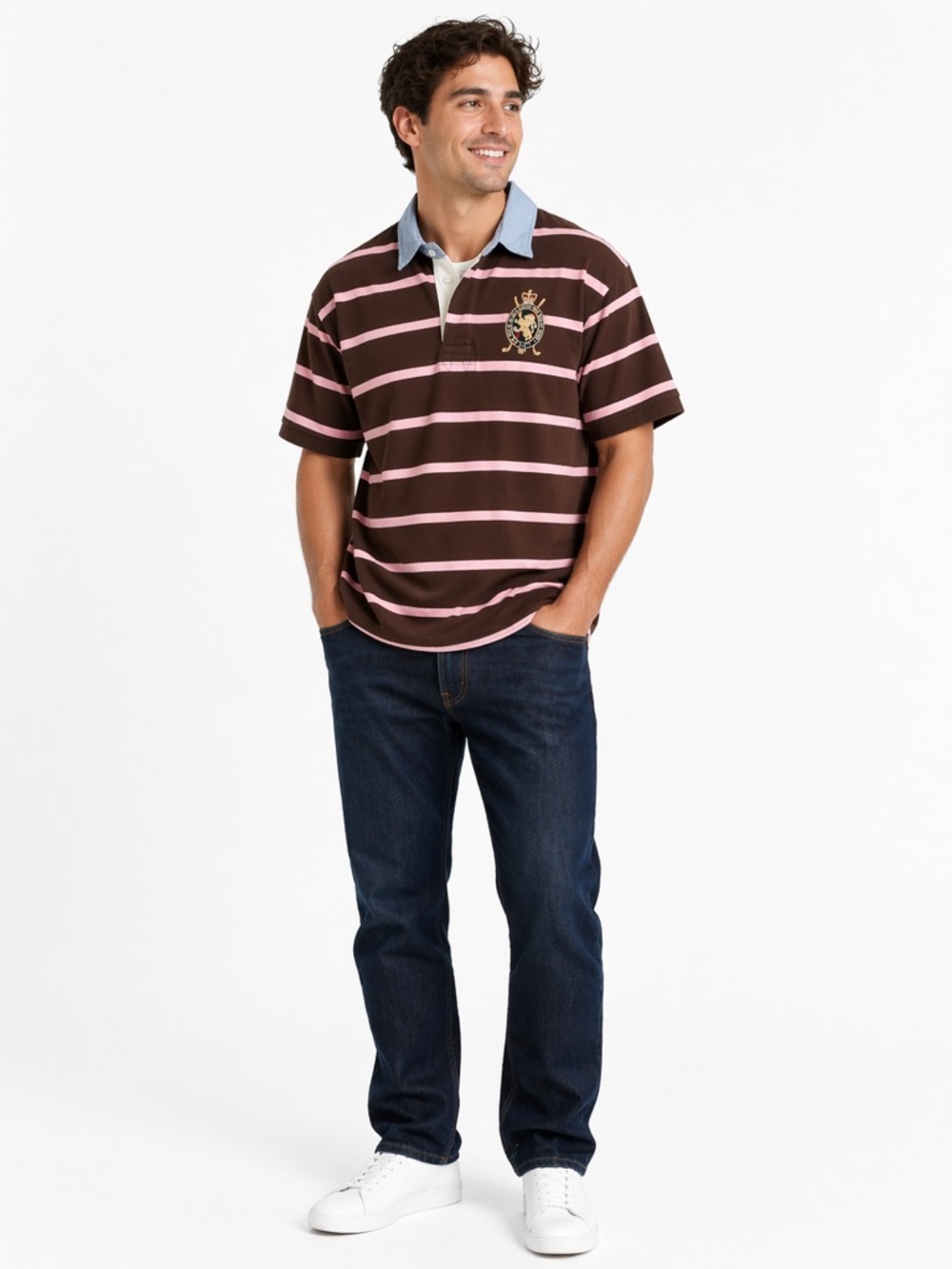 Polo Ralph Lauren Vintage PRLC Lion Crest Rugby Mens Striped Polo - Brown & Pink